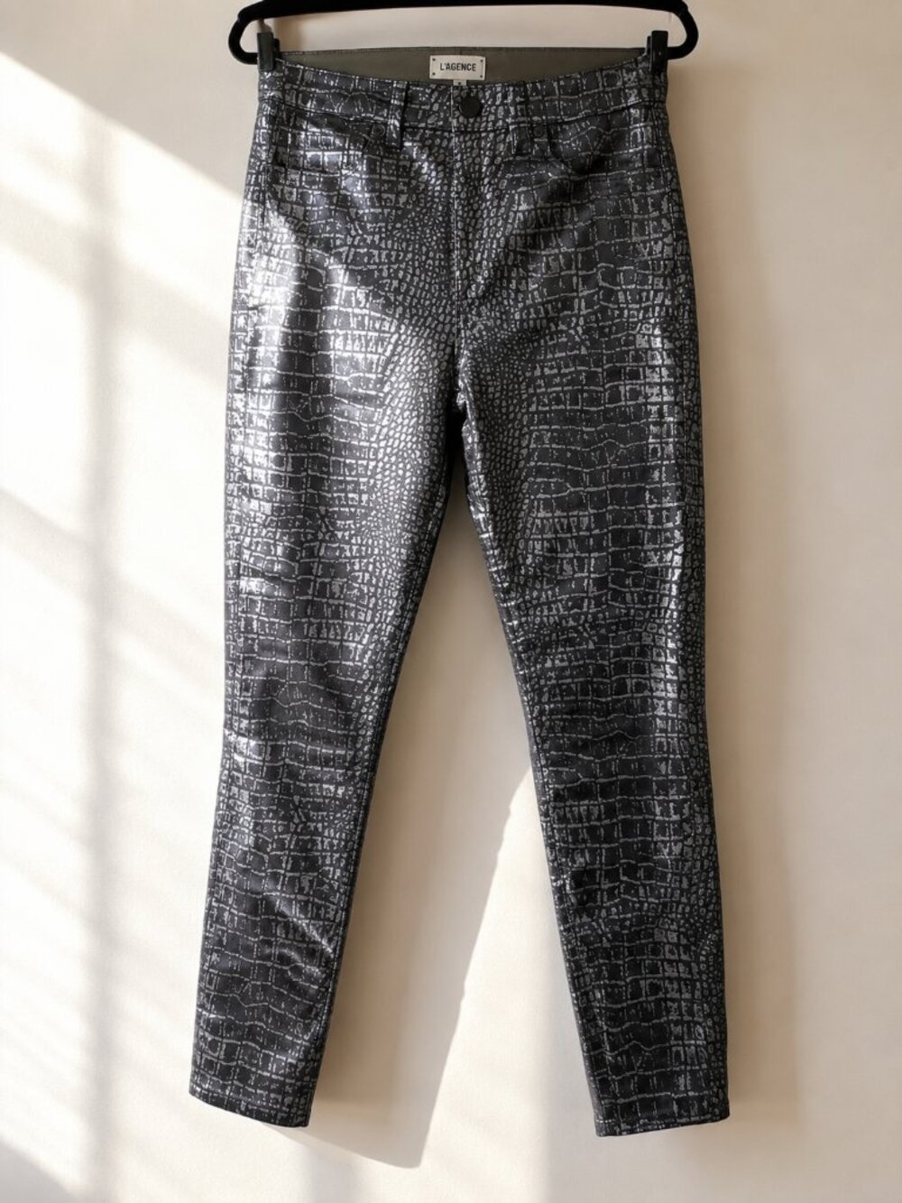 L'AGENCE Margot High-Rise Croc Foil Skinny Jeans Chestnut Black Size 25